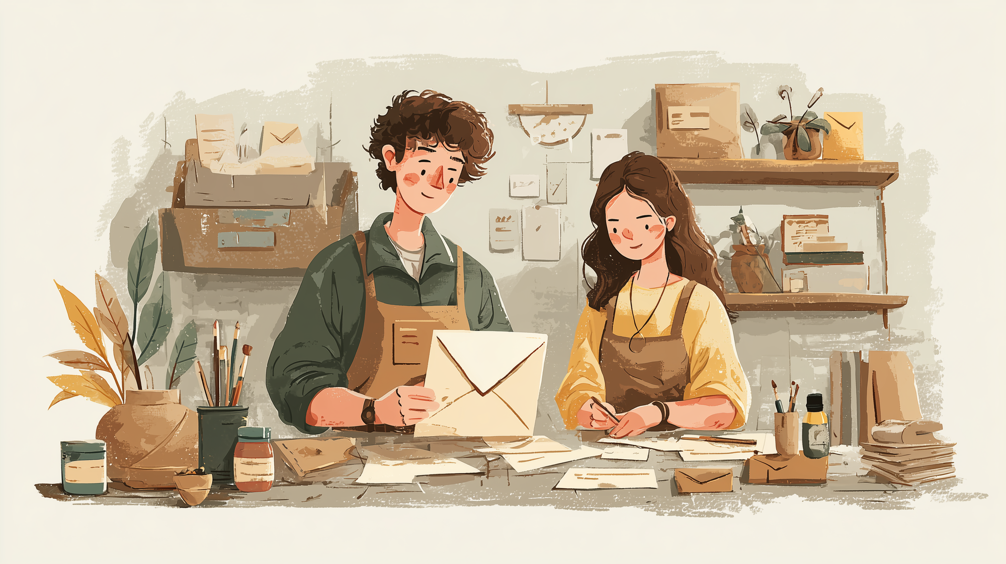 Two journalists hand-crafting a newsletter in artisanal style.